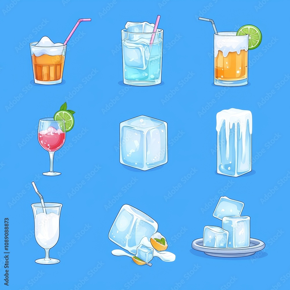 Poster modern ice cube tray. cartoon icon of melting water. container for solid square ice cubes. plastic b
