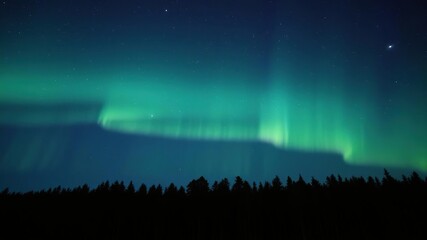 Aurora borealis illuminates the night sky above a tranquil forest, mountain range, light display, aurora borealis