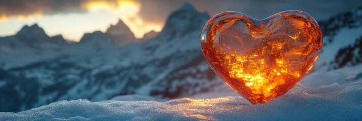 A fiery heart rests on snow-covered ground before majestic mountains at sunset