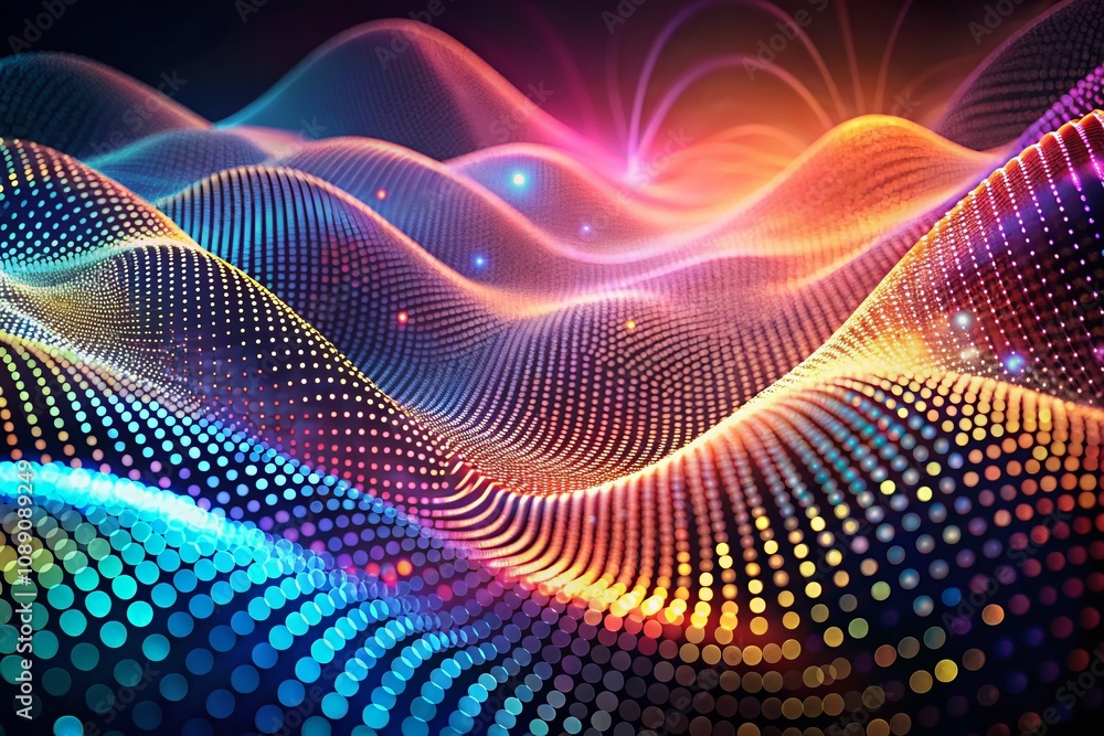 Poster abstract technology design featuring wavy dot particles in a surreal background for innovative illus