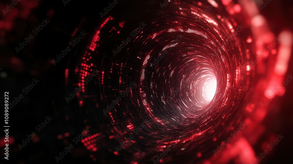Poster glowing red digital tunnel transmitting futuristic data stream