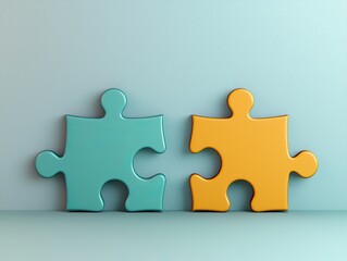 Obraz premium Two colorful puzzle pieces, one teal and one yellow, sit against a light background, symbolizing connection and problem-solving. self improvement balance concept.