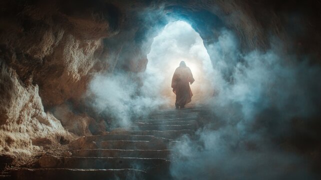 Jesus Christ risen emerging from tomb into heavenly light easter
