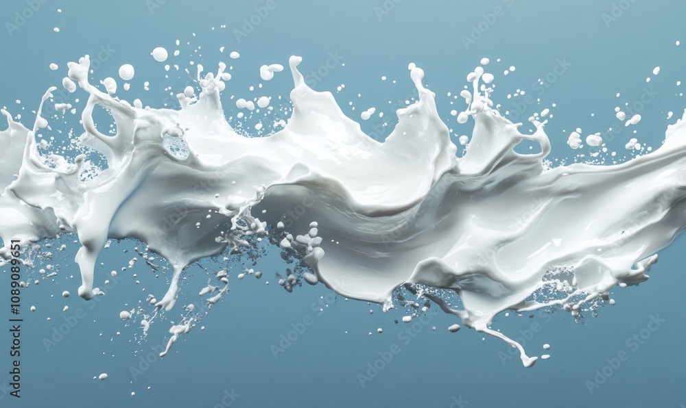 Poster 3d milk splashing on light blue background creating abstract shapes
