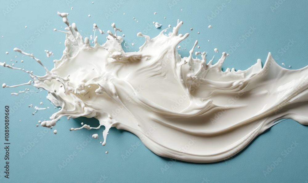 Poster 3d milk splashing on light blue background creating abstract shapes