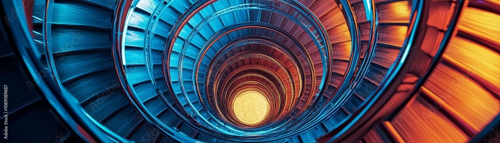 Poster vibrant spiral staircase with blue and orange lighting creating a dynamic visual effect. self develo