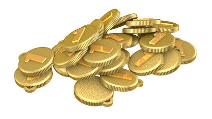 Pile of first place gold medals isolated on transparent background.