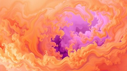 Swirling clouds of orange and purple in a mesmerizing abstract piece, purple paint, fiery oranges