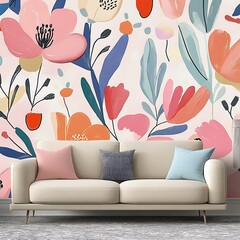 White Sofa with Abstract Floral Wall Art and Striped Rug