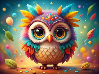 Naklejka premium Adorable Cartoon Owl Character with Big Eyes and Colorful Feathers for Children's Illustrations and Designs, Perfect for Playful and Whimsical Themes in Kids' Products