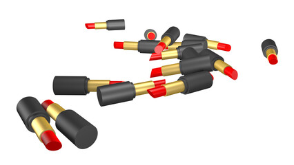 A pile of red lipsticks on a transparent background.