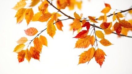 Scattered yellow and red orange leaves on a branch against a soft white background, orange, botanical, simple