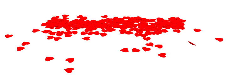 A pile of red flat confetti hearts on a transparent background.