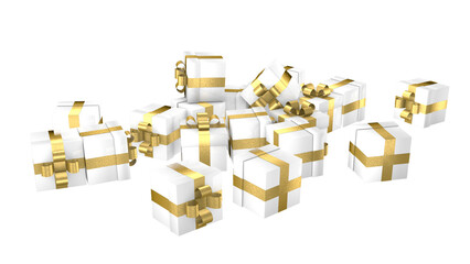 A pile of white gift boxes with golden ribbon on transparent background.
