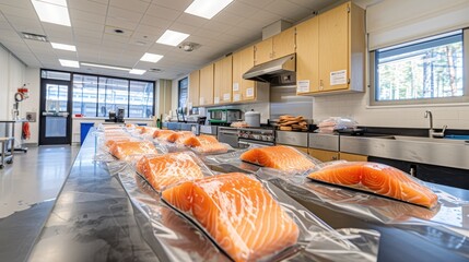 Fresh salmon fillets are neatly arranged in a kitchen, showcasing a clean, modern workspace with natural light.