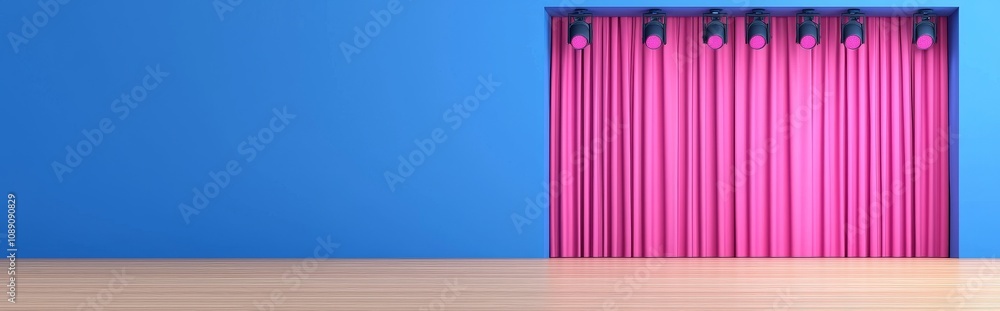 Poster illustration of an empty theatre stage with a red velvet curtain and spotlights. it can be used for 