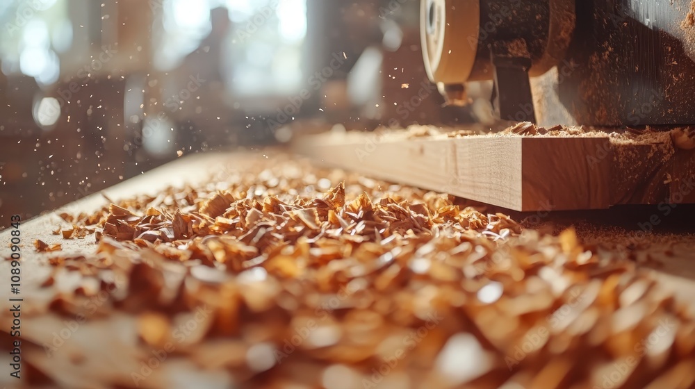 Poster a close-up of woodworking shavings scattered on a workbench, with a tool in action, capturing the es