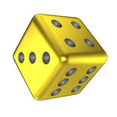 Yellow-gold metal dice on transparent background.