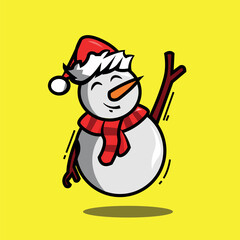 A cheerful snowman wearing a Santa hat and scarf, waving excitedly against a yellow background. Perfect for Christmas and winter-themed designs, greeting cards.
