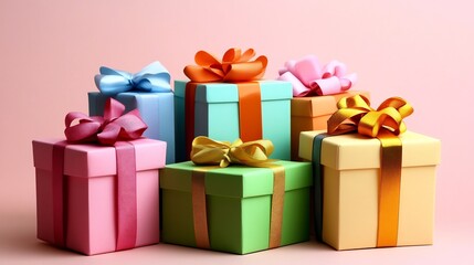 Assortment of Colorful Gift Boxes with Ribbons on Pastel Pink Background