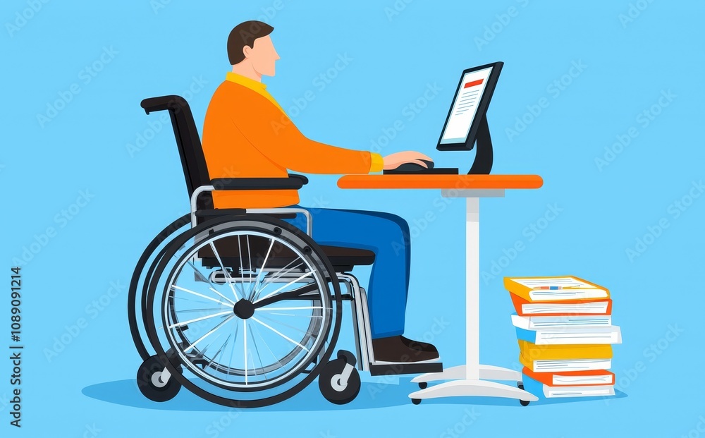 Poster isolated cartoon clipart image of disabled worker at work table with his computer and documents. emp