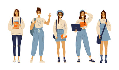 Obraz premium Modern girls students with gadgets, textbooks and backpacks. Outfit of young girls. Set of flat characters.