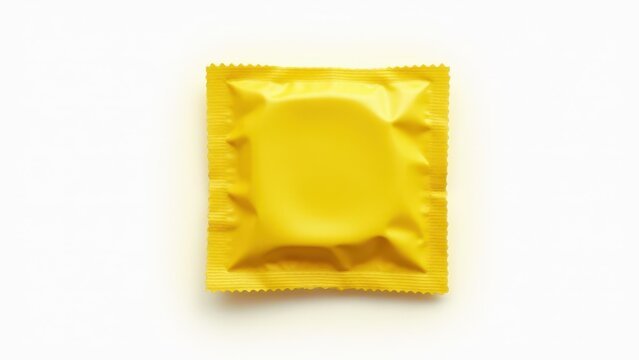 Bright yellow condom wrapper mockup featuring a reflective foil finish and clean edges, presented on a white surface for a simple and modern look.