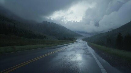 A mountain road at dawn during a rainstorm with mist and fog blanketing the landscape