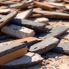 Close-Up of Explosion Debris: A close-up photo of debris from an explosion, captured from eye level with deep focus to reveal the detailed textures and fragments of the scattered material.