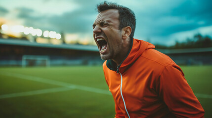 Angry male football trainer shouting rage expression during outdoor training, man showing frustration and yelling with authority as stress and negative emotions dominate intense soccer exercise