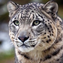 Naklejka premium A close-up of a snow leopard's intense gaze, with the icy mountain range in the background