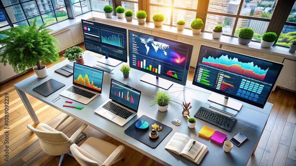 Poster aerial drone photography over a modern business dashboard with analytical graphs and data visualizat