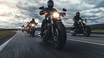 A group of motorcyclists rides along a scenic road under a cloudy sky, showcasing camaraderie and the thrill of adventure on powerful bikes.