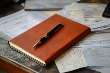 Planner and pen on a desk surrounded by financial documents for organized finance management