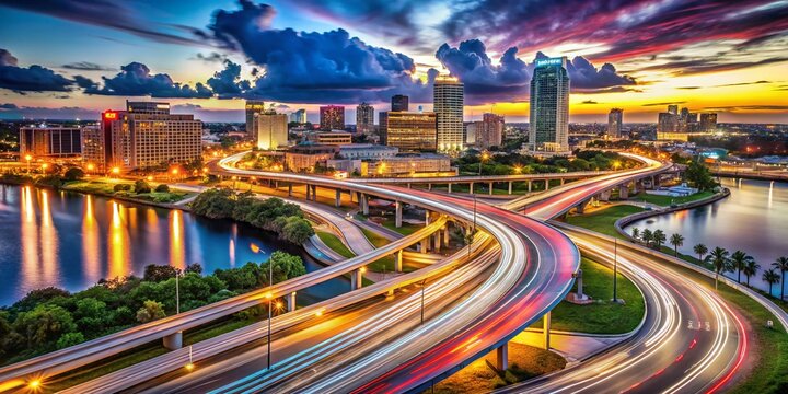 Aerial Long Exposure View of Interstate 95 in Jacksonville, Florida with Light Trails and Urban Landscape at Night, Showcasing the Vibrant Traffic Flow and City Lights
