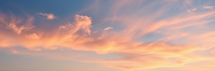 Fototapeta premium Delicate wisps of cloud drift lazily across the cerulean sky at sunset, leaving behind a trail of soft pink and orange hues, peaceful, landscape
