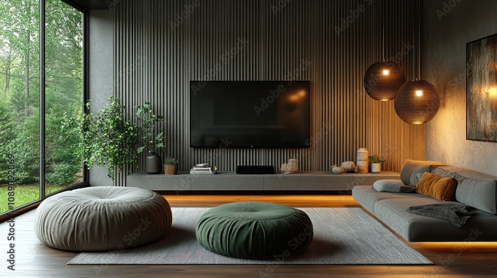 Poster here's a possible and keyword list for your stock photo.. modern living room with large window, mini