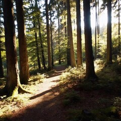 Obraz premium A full shot of a tranquil forest clearing with sunlight streaming through the trees, casting long shadows on the forest floor. The hip-level perspective emphasizes the height of the trees, creating a 