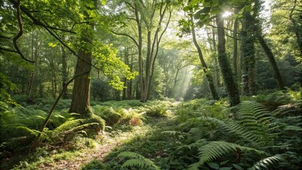 Fototapeta premium Dense forest undergrowth with sunlight filtering through the leaves and casting shadows, leafy greens, forest floor