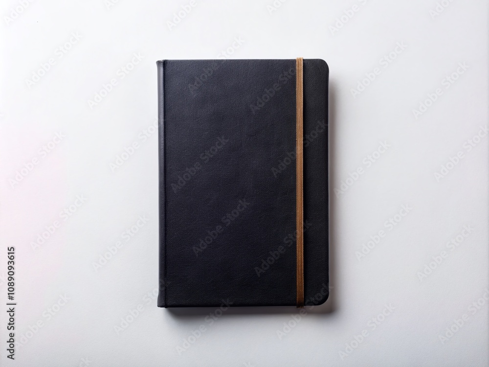 Poster aerial view of a black composition notebook with blank pages isolated on a white background ideal fo