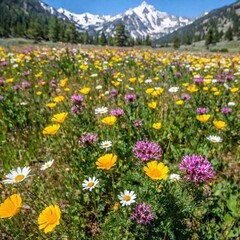 Obraz premium A hip-level, full shot of a wide-open meadow blanketed with colorful wildflowers, stretching toward a distant mountain range. The shot captures the flowers up close, with the mountains providing a stu