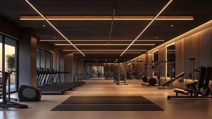 Modern Fitness Center with Treadmills, Weight Machines, and Yoga Mats
