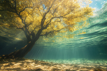 A majestic tree underwater with sunlight filtering through, creating a serene, ethereal ambiance. The golden leaves and clear water add a magical effect.
