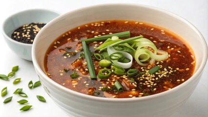 Steaming bowl of daylily soup garnished with scallions, sesame seeds, and a sprinkle of soy sauce, umami flavor, soy sauce, garnishes, daylily soup