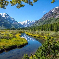 Fototapeta premium a breathtaking panoramic view of a lush valley surrounded by towering mountain ranges. Include vibrant wildflowers, a winding river, and a clear blue sky with a few fluffy clouds for a serene and pict