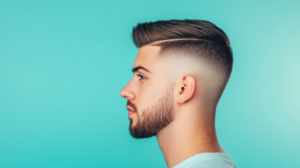 man with fade haircut and hard part showcases stylish look. His well groomed beard complements modern hairstyle against vibrant background