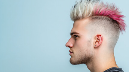 Fototapeta premium young man with faux hawk haircut featuring shaved sides and vibrant pink tips, showcasing modern hairstyle against light blue background