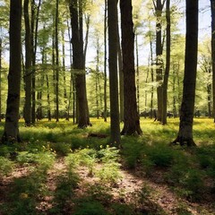 Obraz premium Springtime Forest Clearing: A medium wide shot of a forest clearing in spring. The deep focus captures the fresh green foliage, blooming wildflowers, and dappled sunlight filtering through the trees, 