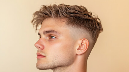 Fototapeta premium Stylish man with short crop hairstyle featuring textured layers, showcasing modern look. clean fade adds to overall appeal