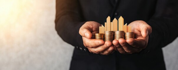 financialsavings advisory concept. A business professional holds a model of city skyscrapers atop stacks of coins, symbolizing investment and financial growth.